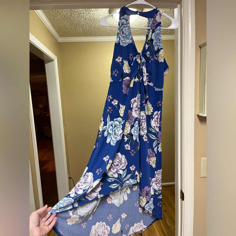 Blue flower high-low long dress with opening at bow at the top. Size large.